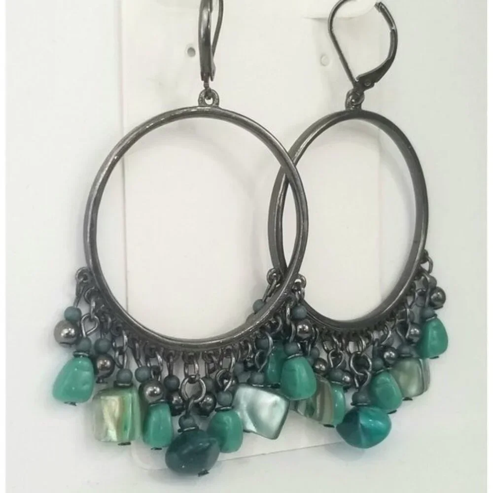 Gemstone Dangle Drop Hoop Earrings Blue Green MOP Gun Metal Gray Leverback